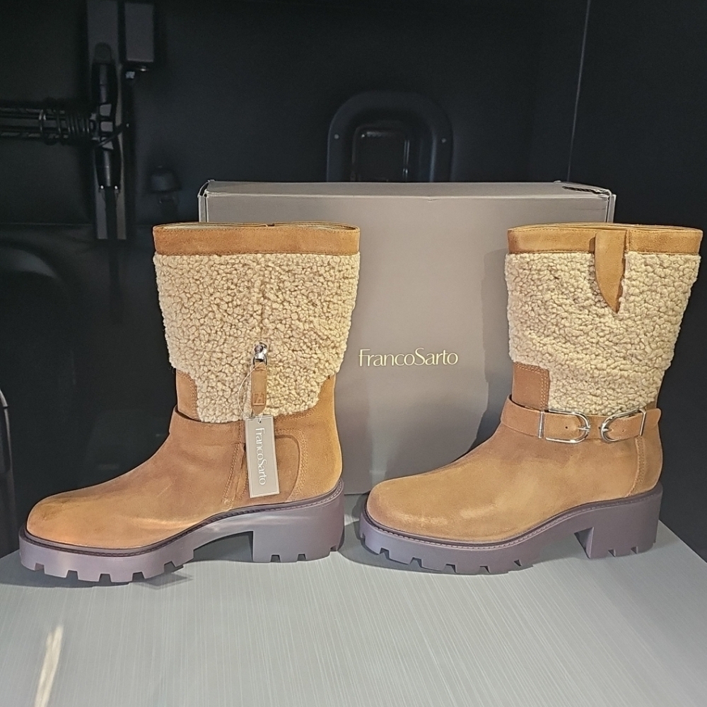 Franco Sarto Elle Mid Shaft Lug Sole Boot Brown Suede & Shearling Women's 8.5M